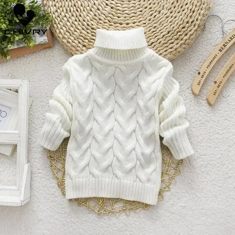 New 2022 Kids Children Solid Pullover Sweater Autumn Winter Boys Girls Turtleneck Knitted Sweaters Tops Clothing for 2-8T