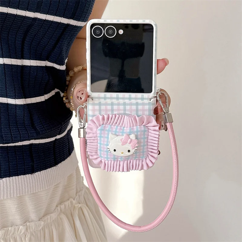 

Korean Cute Plaid Pattern Magnetic Phone Case For Samsung Galaxy Z Flip 7 6 5 ZFlip6 Cover with Stand Hand Strap For Magsafe Cas