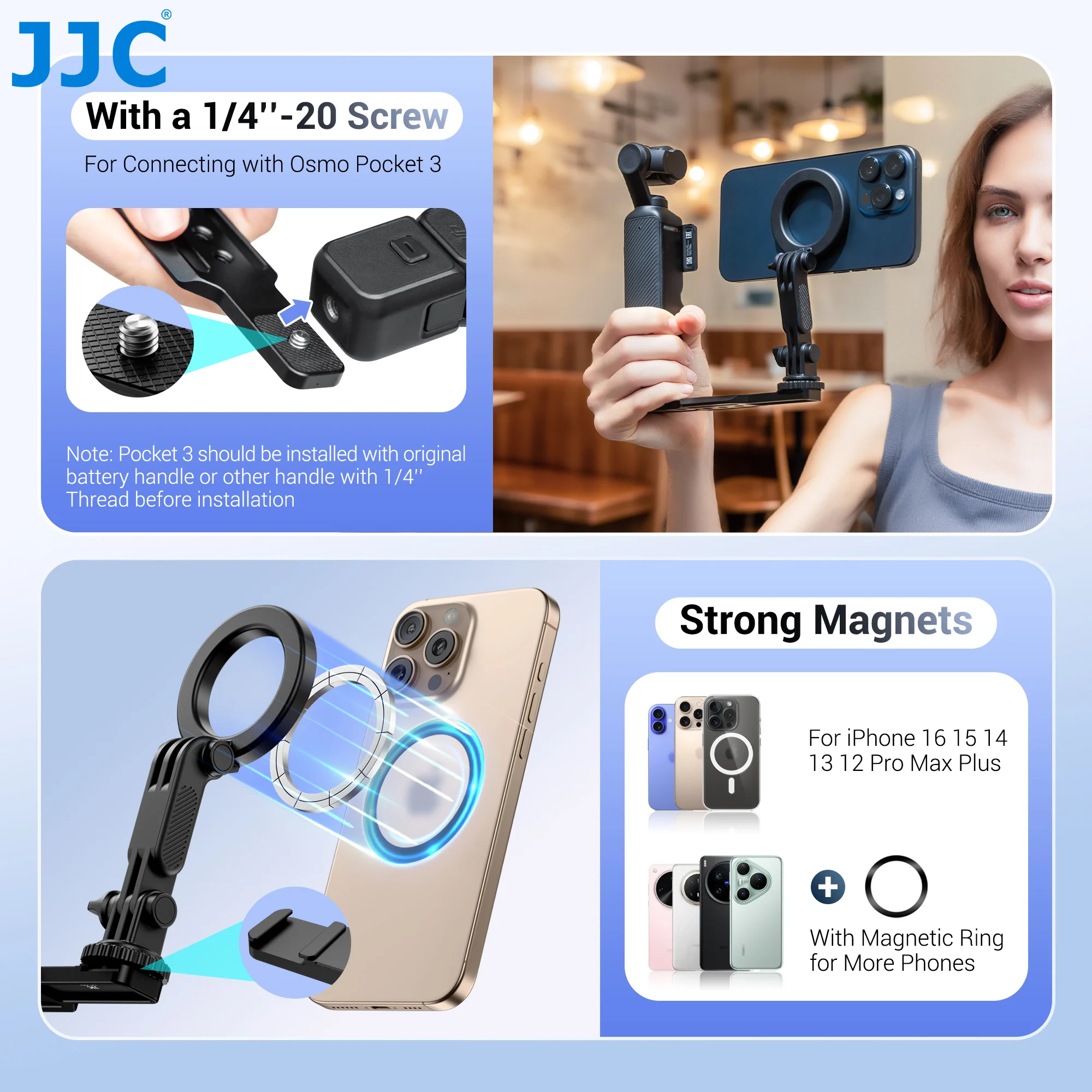 JJC Magsafe Phone Holder for DJI Osmo Pocket 4 3 Mount Expansion Accessories w 1/4" Thread Hole Used with Tripod Extension Rod view 5
