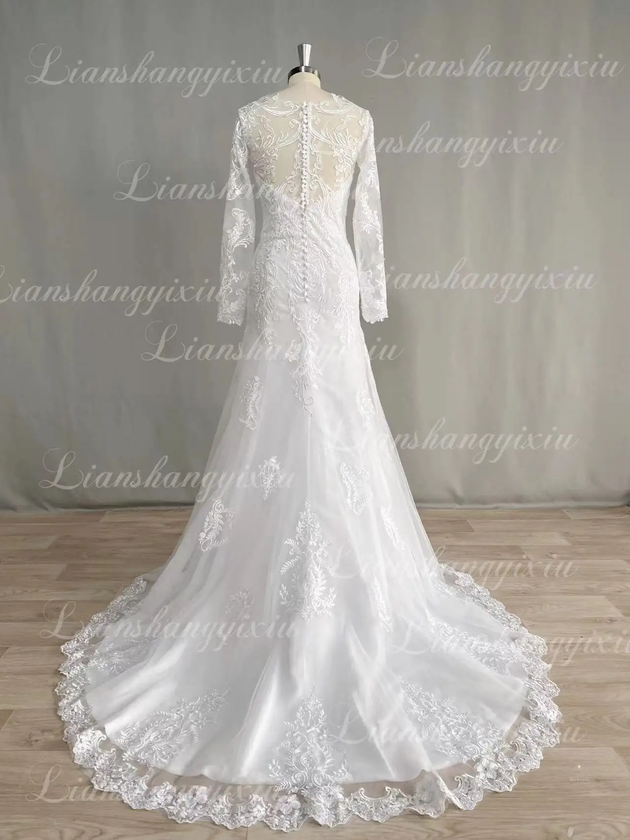 Женское свадебное платье с юбкой годе, белое кружевное платье с V-образным вырезом и длинным рукавом, с аппликацией из жемчуга на спине, 2024