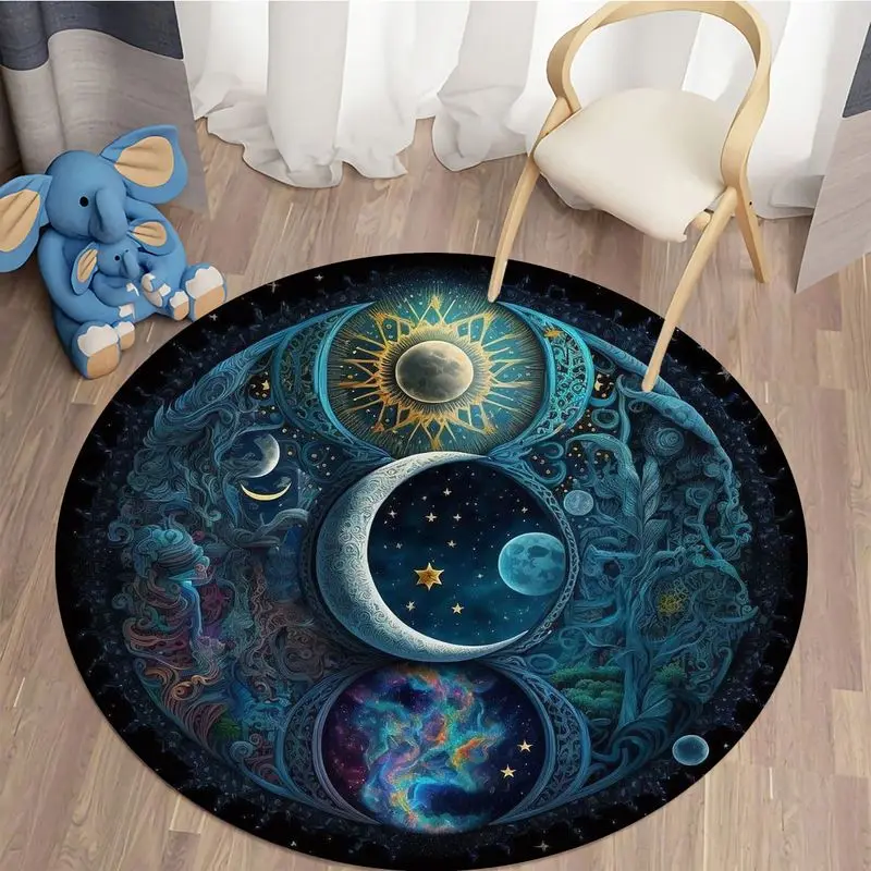 VIKAMA Mysterious Sun Moon Star Universe Totem Carpet, French Bedroom Light Luxury Floor Mat, Cosmic Bohemian Area Rug