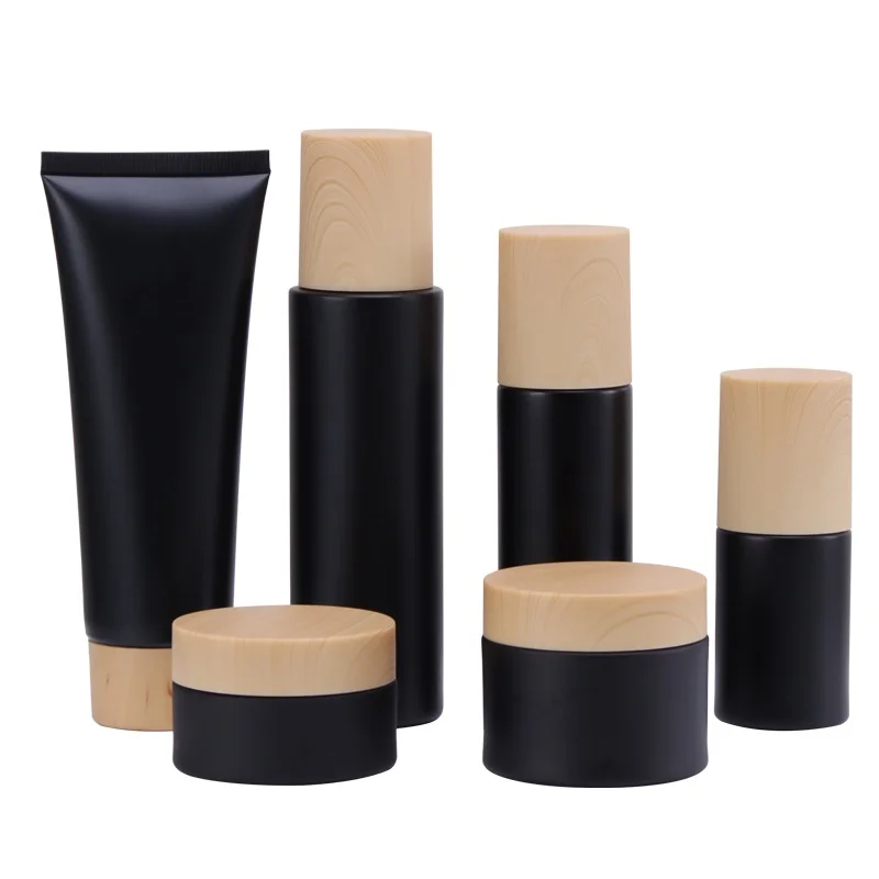 

30/60/100ml Glass Perfume Spray Bottle Matte Black Cylinder 30/50G Cosmetic Cream Jars False Wood Lid Lotion Pump Bottle 10pcs