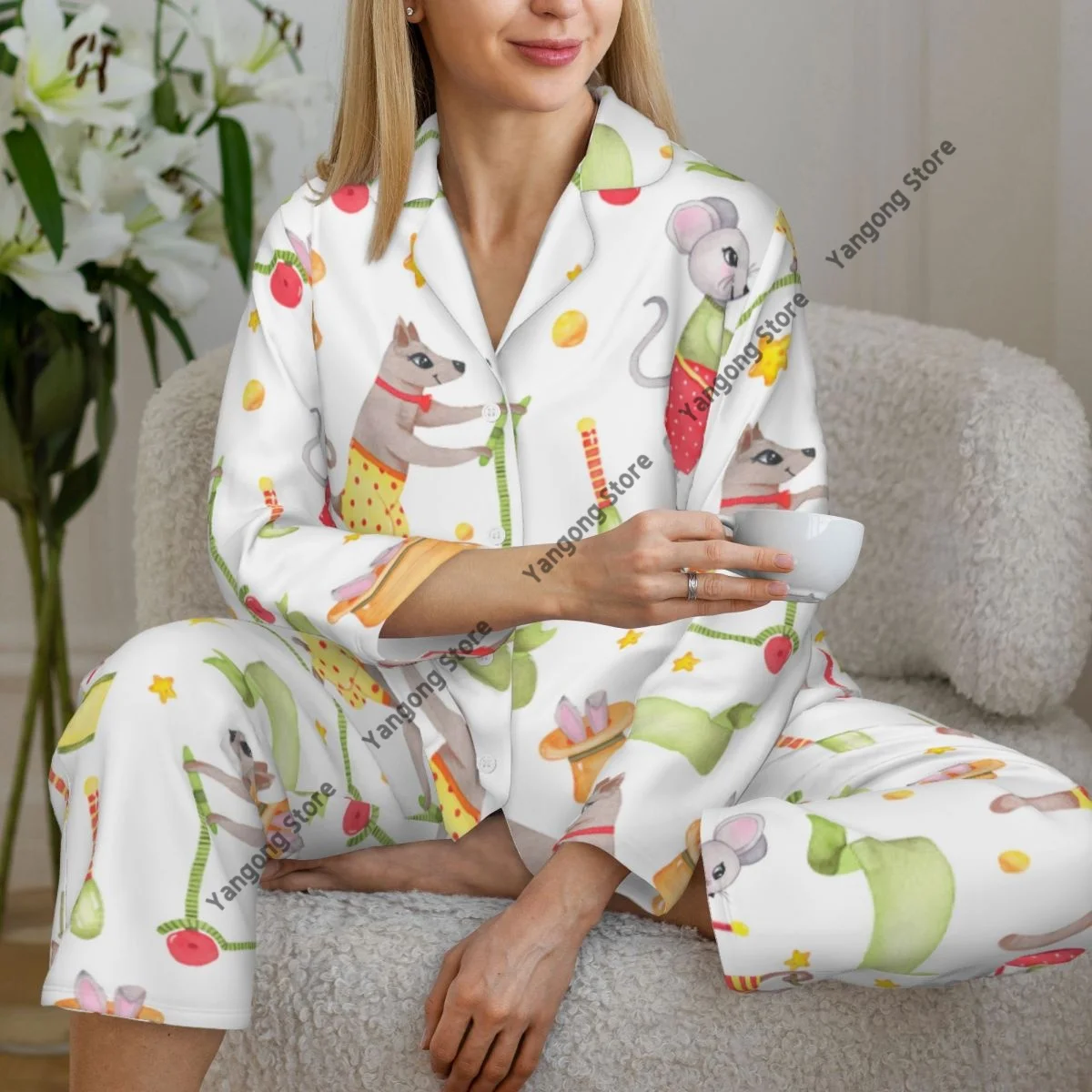 Spring and Autumn Long Sleeve Pants Pajamas Loungewear Set Circus Monkey Dog Mouse Women's Pull Edge Loose Sleeping Suit