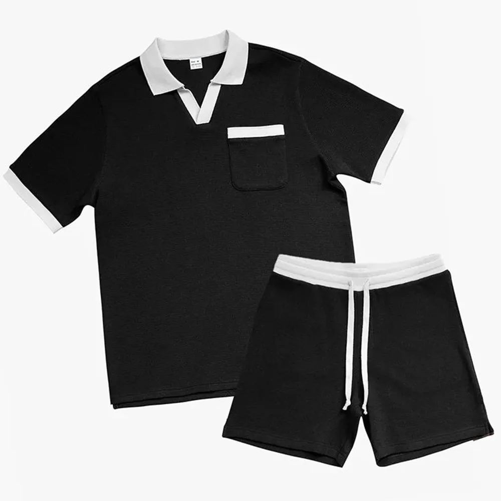 Mens Sets Polo Shirt Contrast Trim Pocket Short Sleeve Top Drawstring Casual Shorts Comfortable Trendy Tracksuit Men'S Clothing