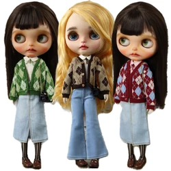 Blythe 인형 복장 격자 무늬 카디건 청바지 Ob24 Ob22 Azone 인형 의류 바지 blythe 옷