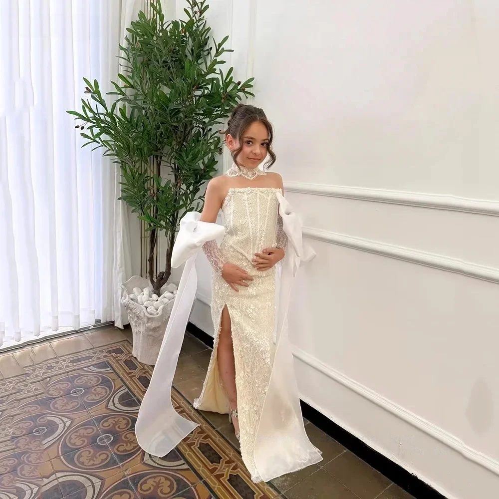 Custom Light Luxury Dress Women Wedding Guest Gown Girls Wedding Gown Birthday Party Pageant Strapless Lace Split Long Gown