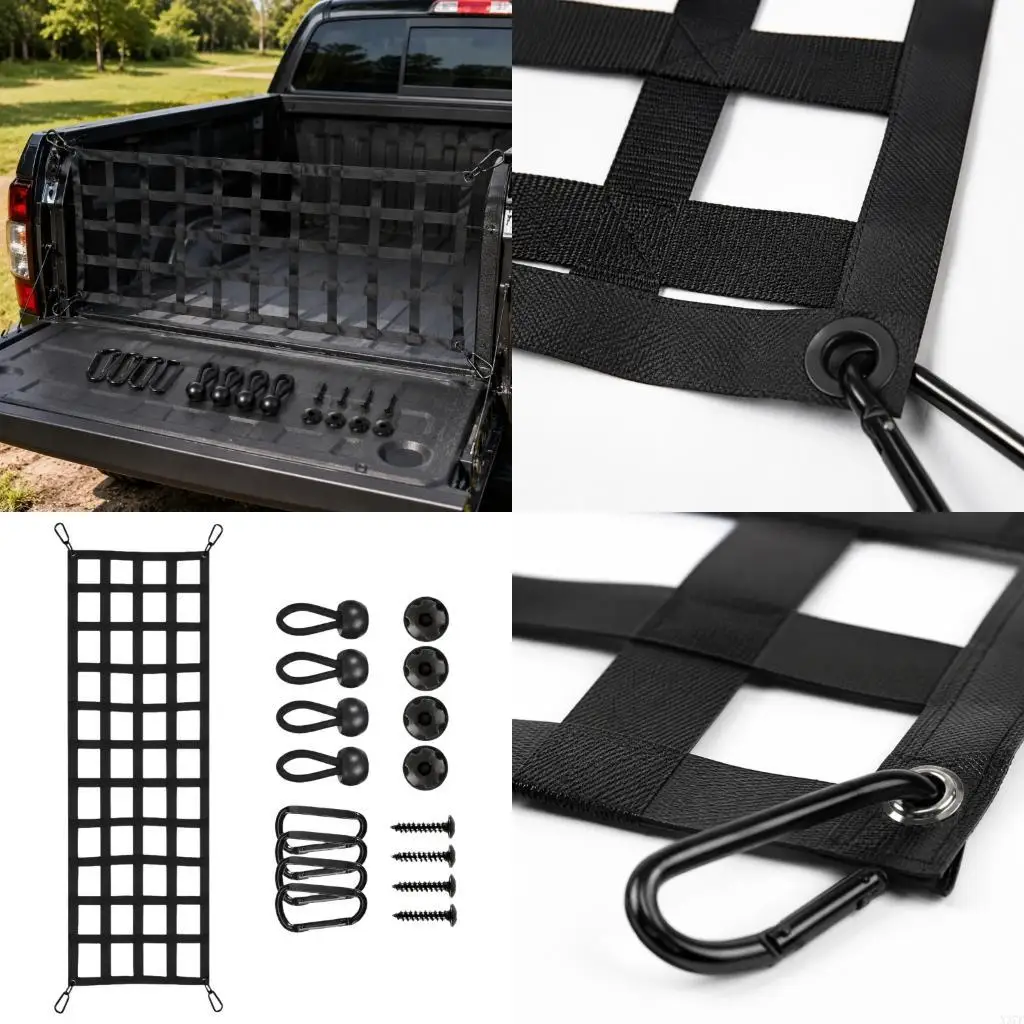 60 Pickup Truck Bed Cargo Barrier Net with Interwoven See Through Webbing, Carabiners and Elastic Fasteners for X37F