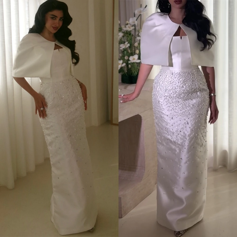 

Customized Soft White Satin Evening Dress Formal Square Collar Sleeveless Prom Dress Classic Spaghetti Straps Pearls Party Dress