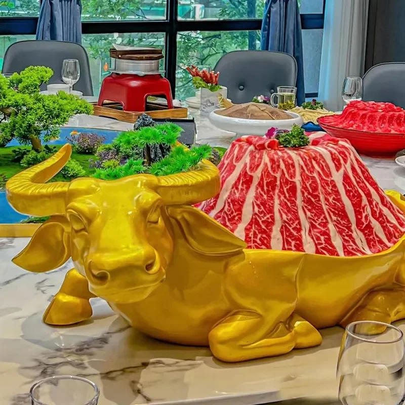 Creative Golden Cow Shaped Plate for Hot Pot Restaurant Beef Theme Tableware Unique Snowflake Fat Meat Serving Dish BBQ Decor