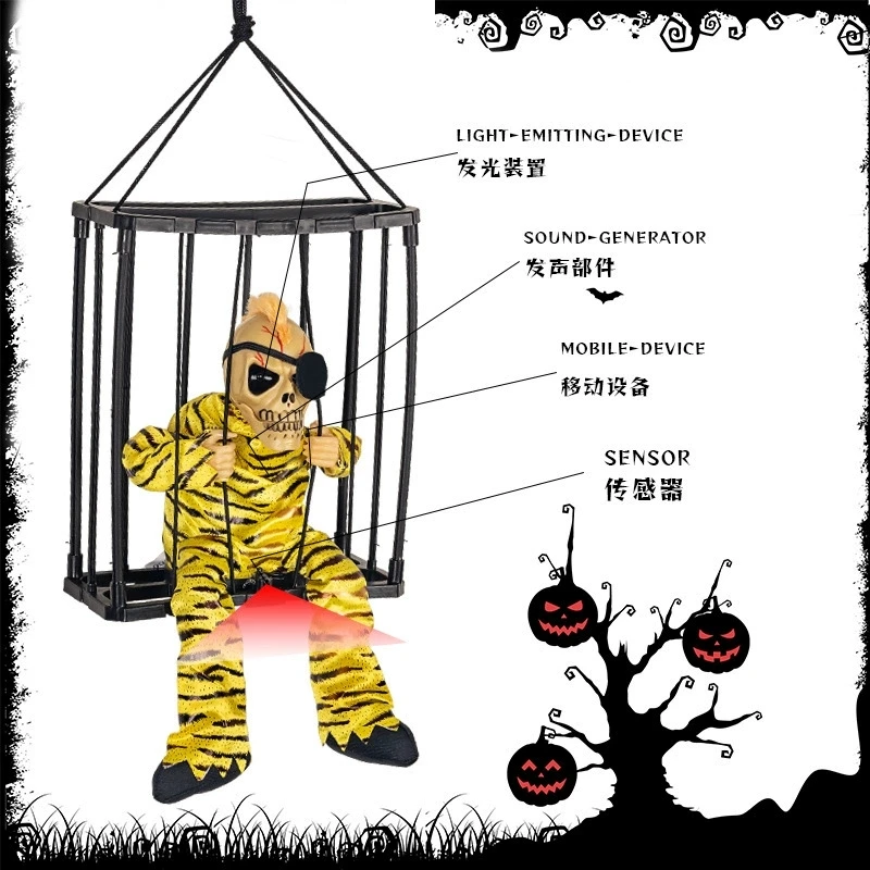 Halloween Scary Skull Decoration Hangable Talking Ghost Prop with Glowing Eye Sound Doll Electric Skeleton Toy in Prisoner Cage - Image 4