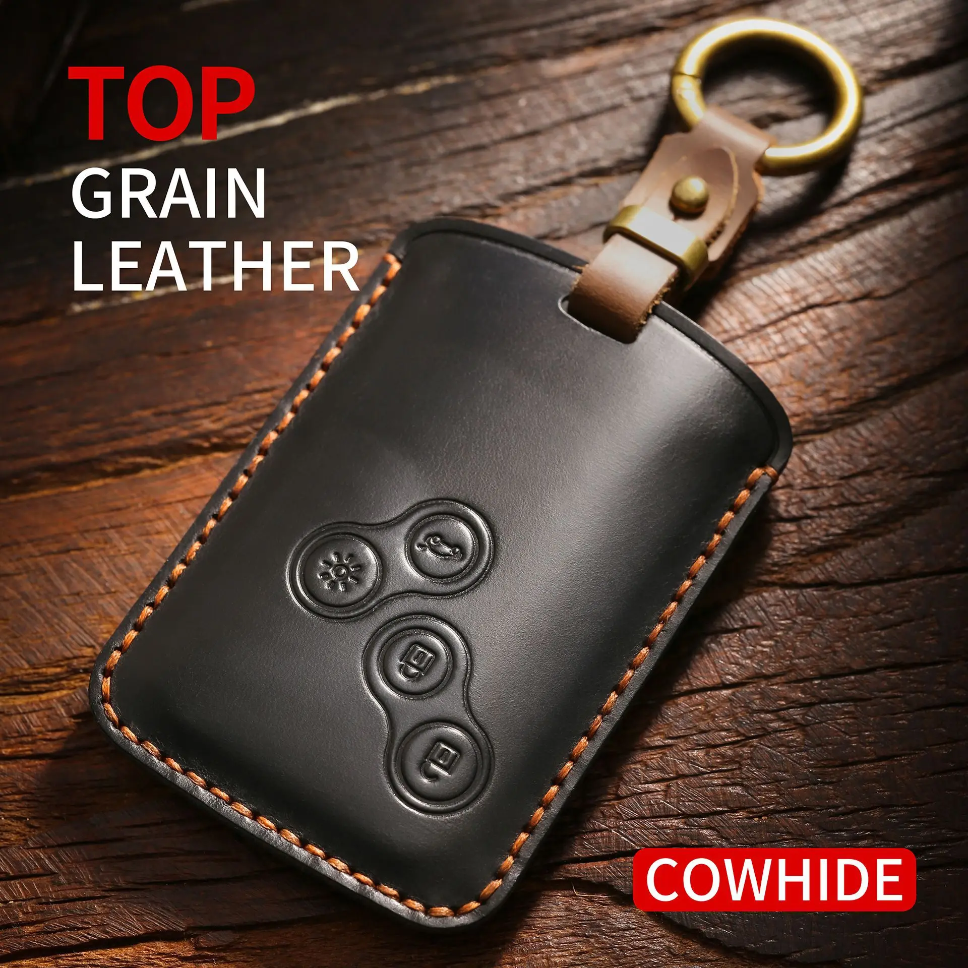 Genuine Leather Key Case for Renault Duster Koleos, Retro Vintage Full Cover Key Holder,Embossed Buttons for Megane Clio Scenic