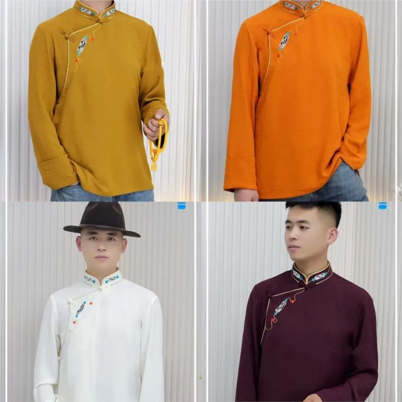 

Chinese Tibetan Men's Loose Stand Collar Long Sleeved Shirt Retro Style Robe Solid Color Top