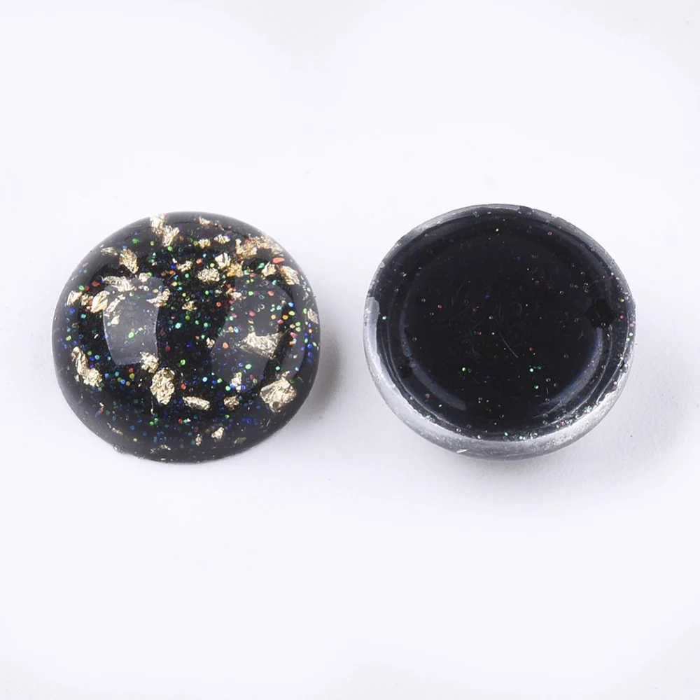 Resin Cabochons with Glitter Powder and Gold Foil Half Round Black 12x5.5mm