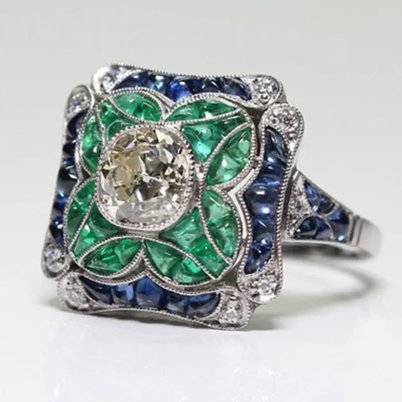 Hot Sale Elegant Emerald Zircon Blue Topaz Ring Popular Hand Jewelry