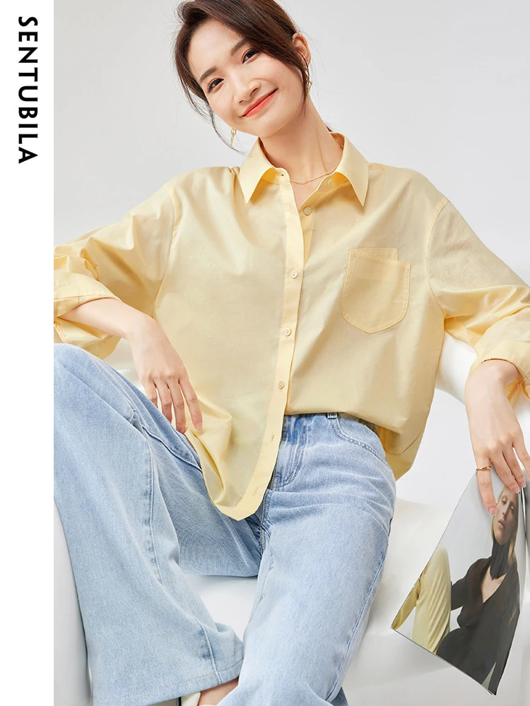 

SENTUBILA Women Solid Shirts & Blouses Office Lady Turn-down Collar Fashion 2025 Autumn Asymmetrical Long Sleeve Tops 143C58007X