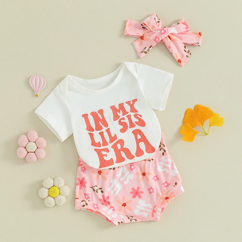 

Newborn Baby Girl Summer Clothes Little Sister Romper Flower Shorts Headband 3pc Infant Outfit Set