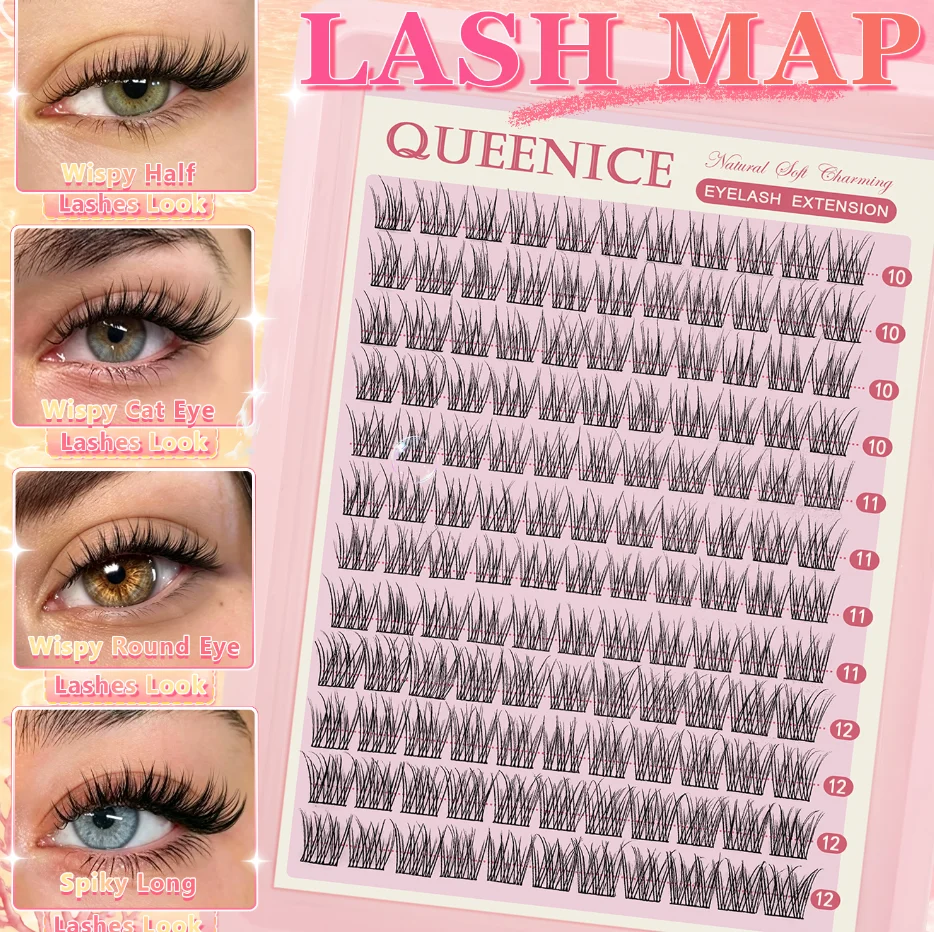 QUEENICE Wispy Fish-Tail Wimperncluster Natürliches Volumen DIY Wimpernverlängerungen 10/11/12mm Gemischte C-Curl Einzelne Segmentierte Falsche Wimpern – Detail 6