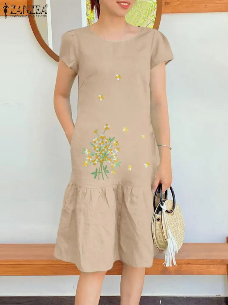 

Summer Bohemian Short Sleeve Floral Embroidery Dress 2024 ZANZEA Women Vintage Party Beach Vestido Fashion Ruffles Hem Sundress