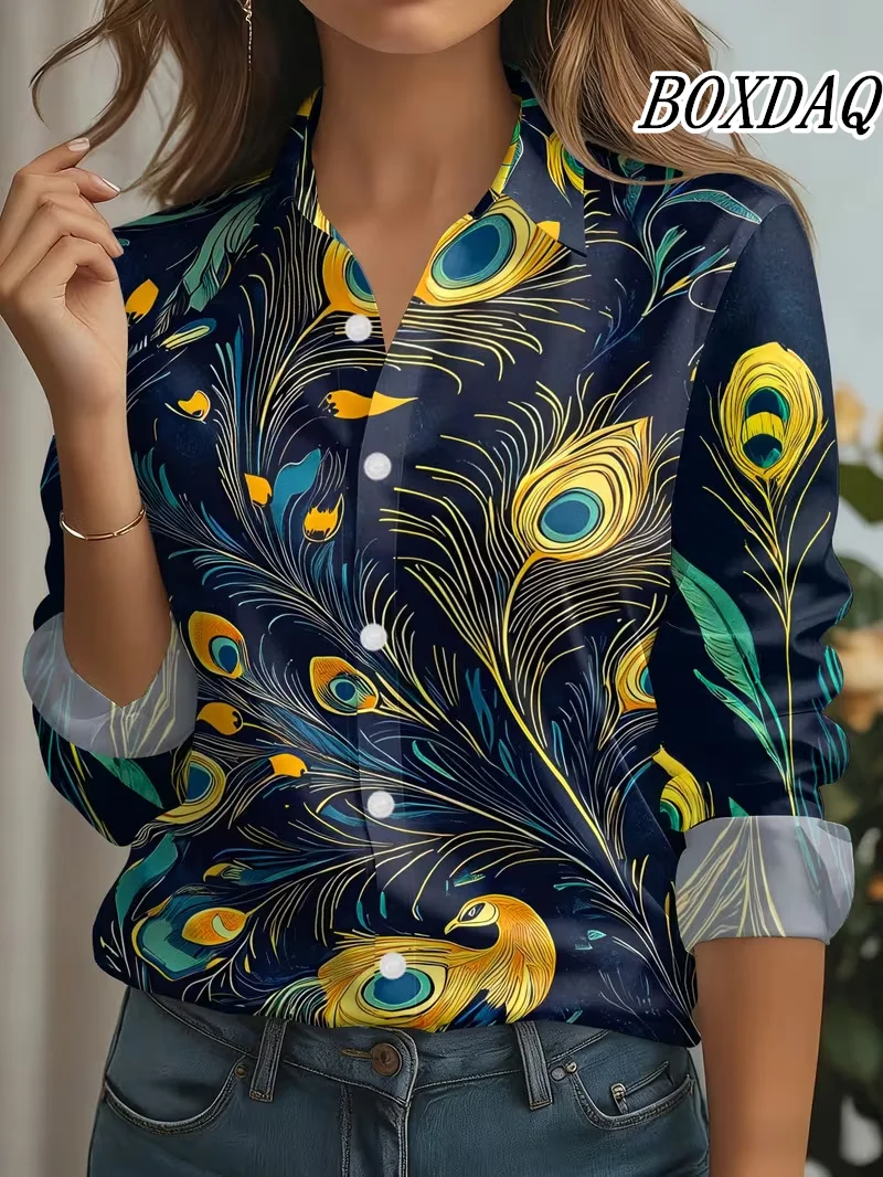 Spring Autumn Women Blouses Fashion Peacock Feather Pattern Printing Shirt Elegant Casual Everyday Blouse Ladies Office Shirts