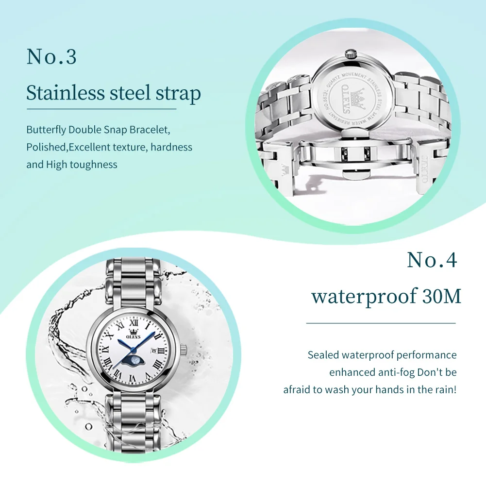 OLEVS 5573 Original Quartz Watches for Women Stainless Steel Waterproof Moon Phase Ladies Wrist Watch Fashion Simple Woman Watch