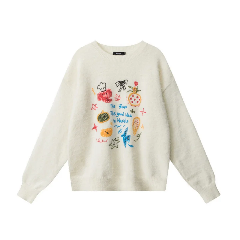 نمط جديد جولة الرقبة البلوز الكتابة على الجدران سترة ناعمة للنساء الخريف الشتاء فضفاضة كسول كلية نمط كم طويل محبوك أعلى #6