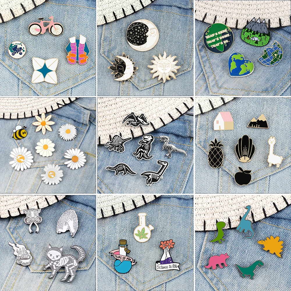 3-7Pcs Jurassic Dinosaur Brooch Set Punk Skeleton Cat Badges Green Earth Bee&Flower Bicycle Travel Enamel Pins Kids Jewelry Gift