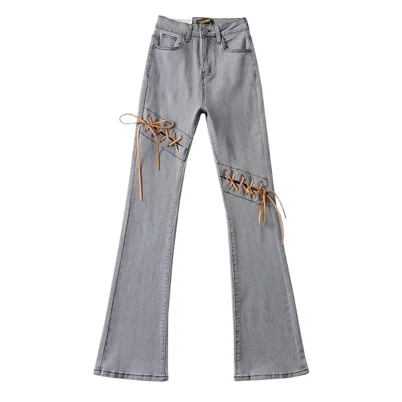 C5528 New Summer Personalized Knee Strap Women\'s Jeans Lady Flared Trousers Denim Pants