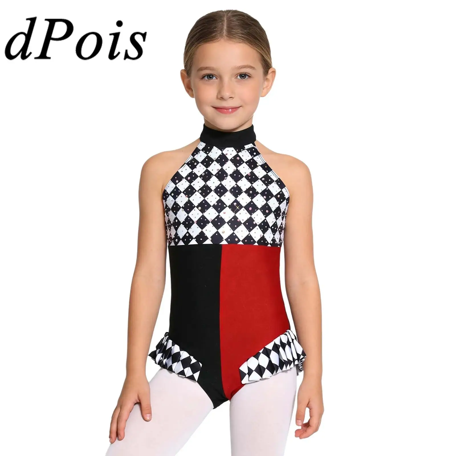 

Костюм клоуна для девочек, комбинезон для Хэллоуина и карнавала, леотард в клетку, безрукавный комбинезон-боди с лямкой через шею, гимнастический комбинезон