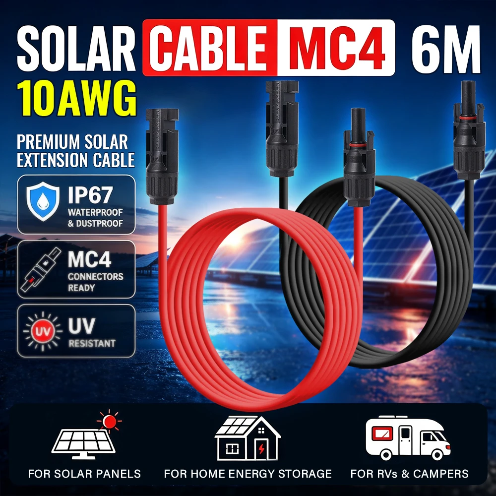 6M Solar Extension Cable 10AWG 6mm² Silicone Tinned Copper Double PV Connector For Solar Panel System For RV Boat Solar Panel