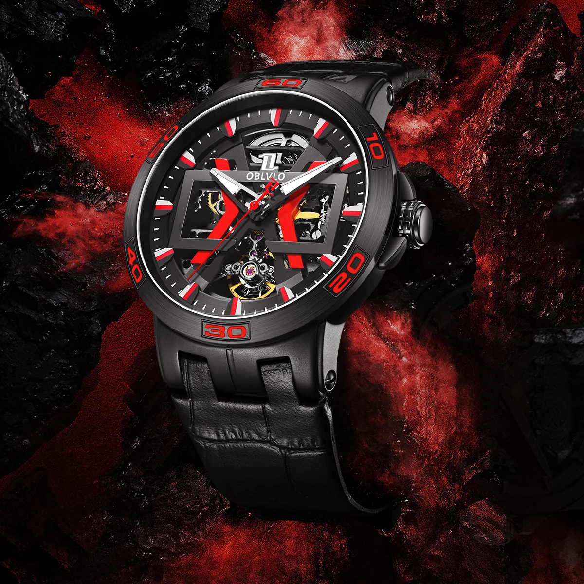 OBLVLO New Design Black Steel Automatic Watches With Skeleton Dial Leather Strap Waterproof Big Watch UM