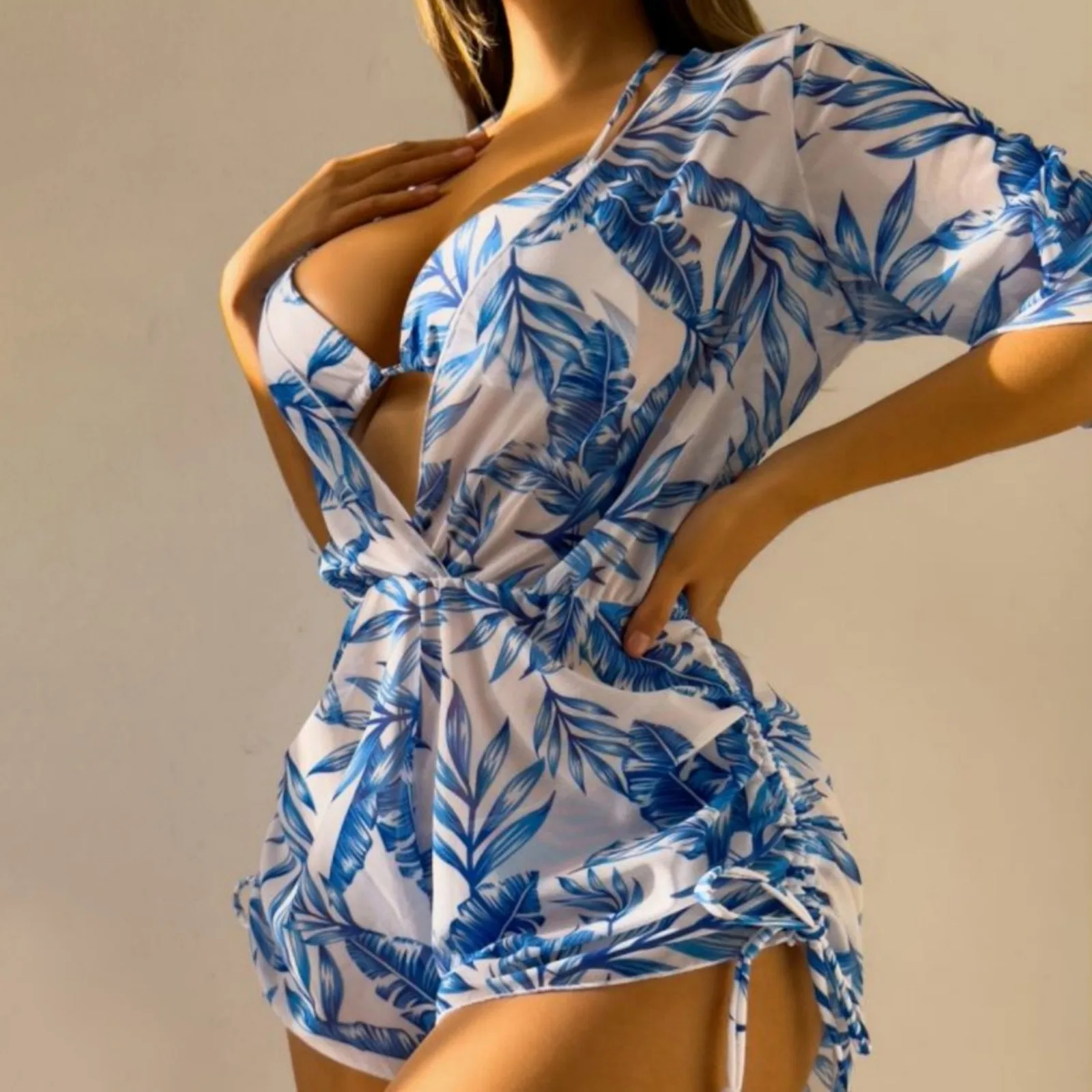 2024 New Women's Summer Leaf Print Bikini Deep V Gathering Sexy Three Swimwear For Women