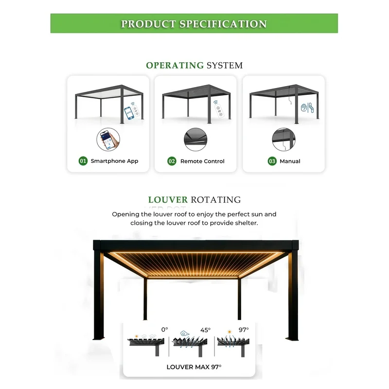 Engineering-Grade Aluminum Pergola Gazebo Louvre Custom Sizes On-Site Survey Balcony Large Projects
