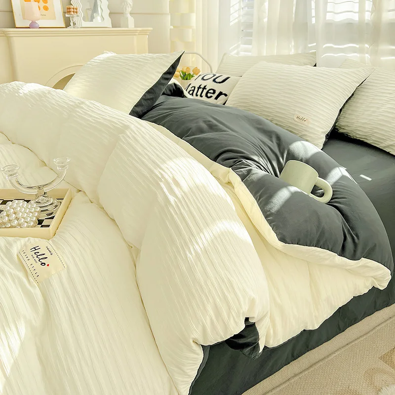 Picture 3: Korean ins wind seersucker solid color double washed cotton four-piece set, spring and summer three-piece set