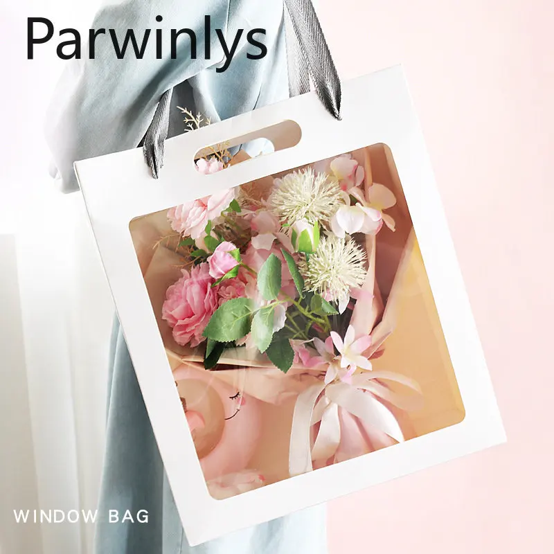 5-17 PCS Gift Package Bag Mother's Day Transparent Open Window Paper Flower Tote Paper Wrapping Wholesale Pastry Florist Dessert