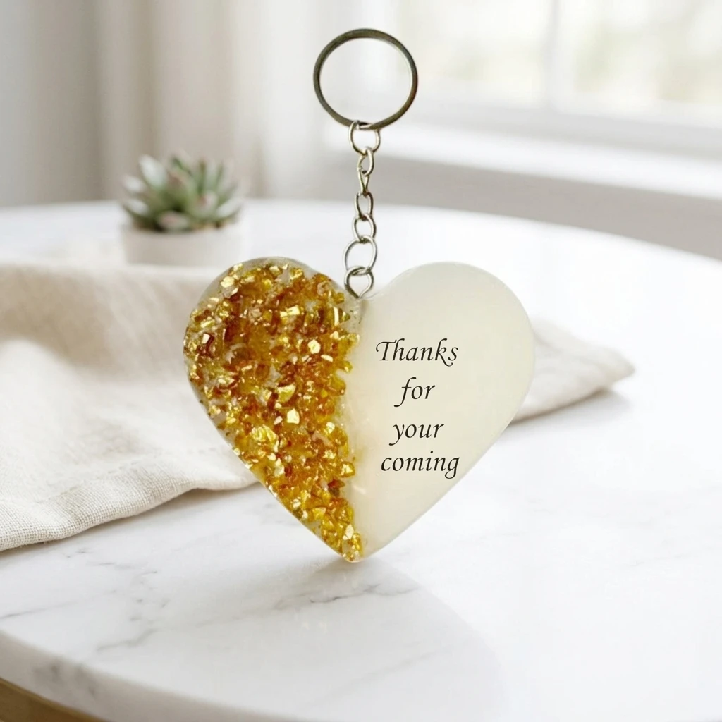 Custom Gold Foil Split Heart Epoxy Keychain, Elegant Resin Heart Key Ring, Portable Bag Charm Pendant for Daily Decoration.