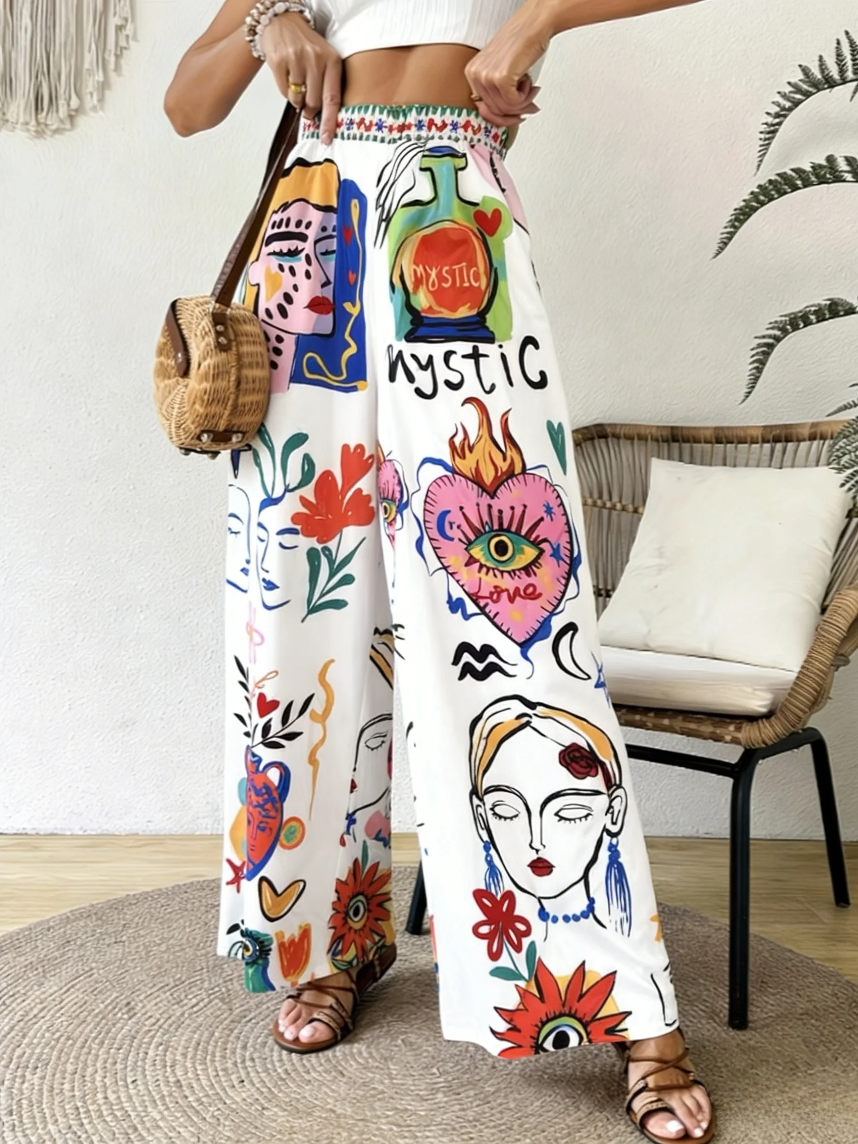 Plus Size, Summer Seaside Vacation Colorful Print Wide-Leg Pants, Elastic Waist, Draped Loose Fit