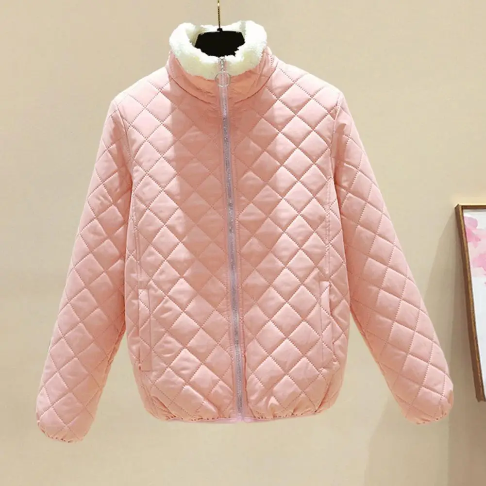 Women Fall Winter Coat Stand Collar Neck Protection Coat Thickened Padded Zipper Closure Cardigan Rhombus Texture Lady Jacket