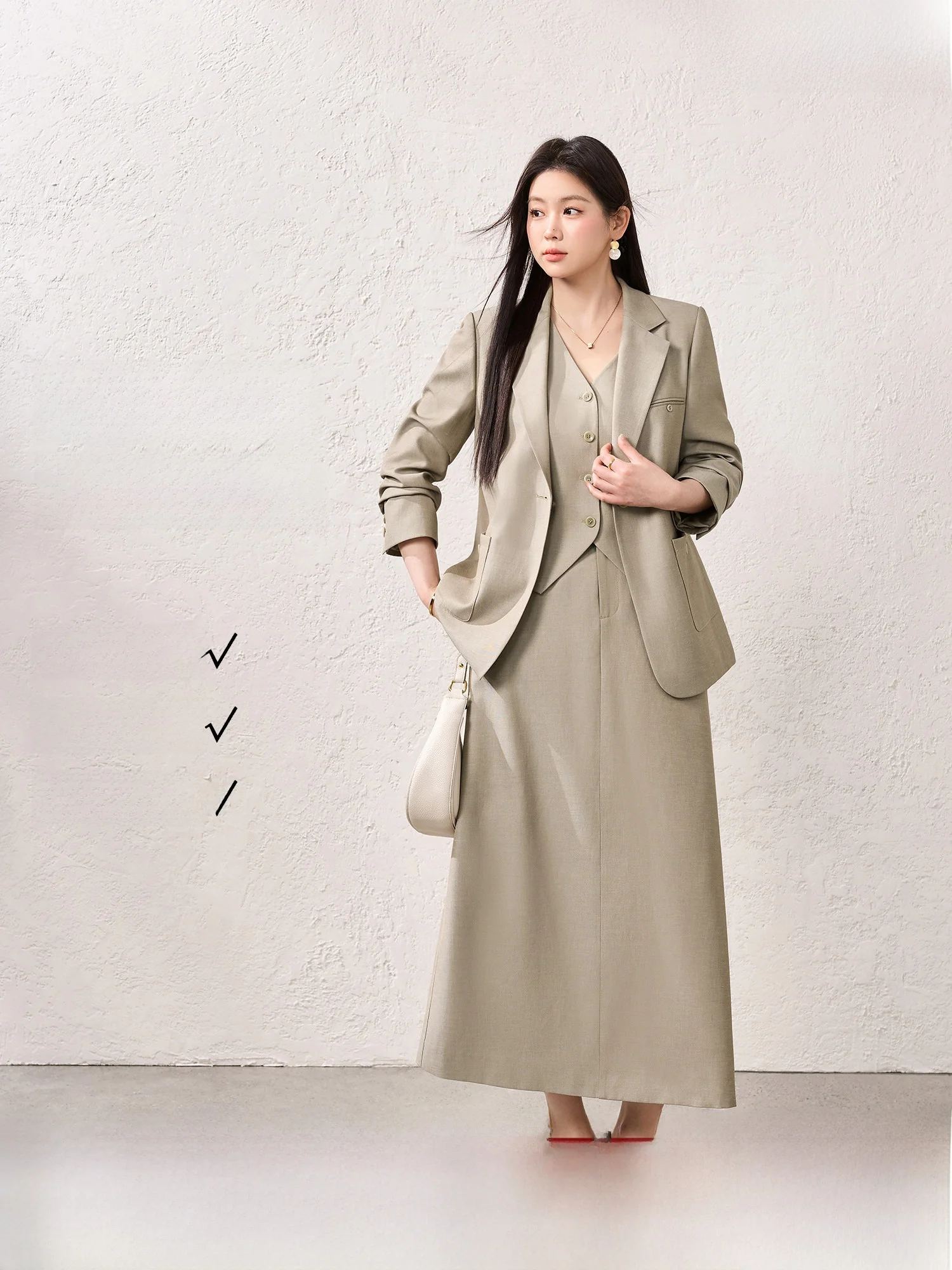 

Blue Language plus Size Mixed Fiber Vest Skirt Set New Spring OL Sle Long Sve A-Line Skirt Faionable Suit