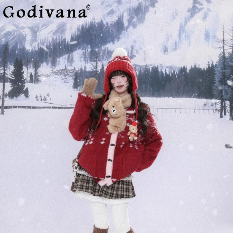 المخملية عيد الميلاد سترة حمراء المرأة الشتاء سميكة الدافئة سترة معطف الإناث النمط الياباني الحلو فضفاض سترة متماسكة #2