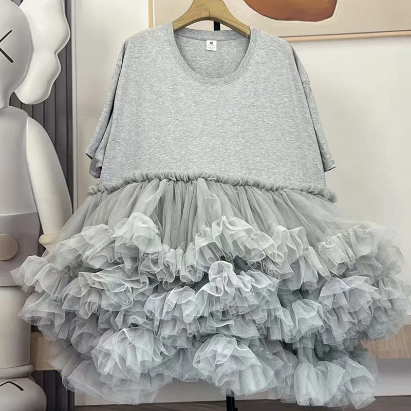 Pongrok mesh splitsen T-shirt met korte mouwen rok los ontwerp gevoel jurk dames zomer nieuw product