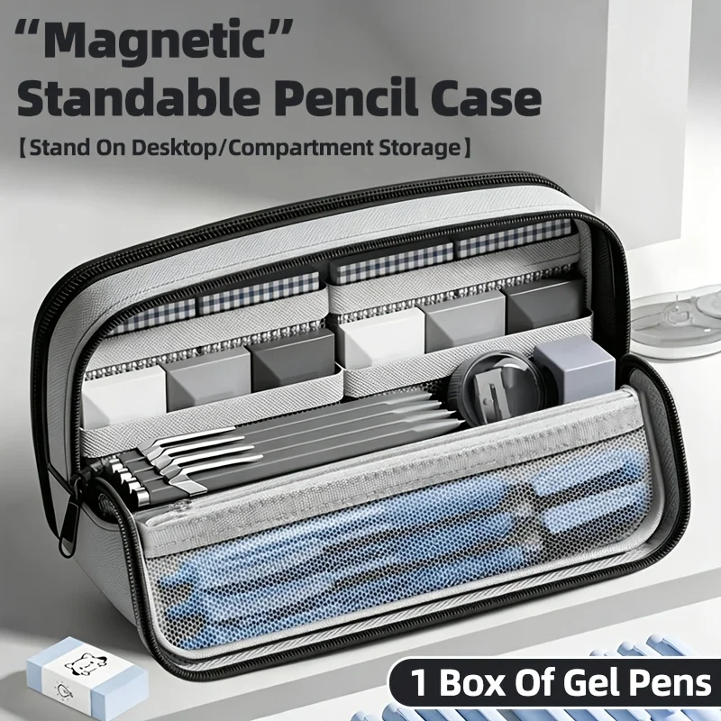 Magnetic Standable Pencil Case Compartment Large Capacity Pen Bag Waterproof Spliced Stationery Organizer Student School Supplie