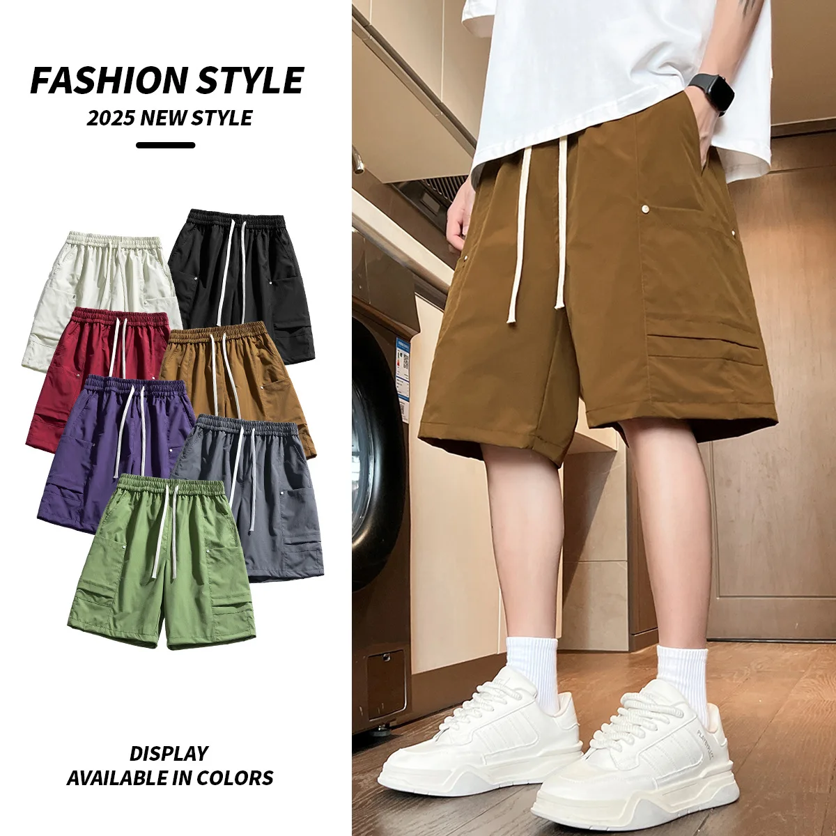 

Men's Solid Color Simple Basic Casual Trendy Loose Knee Length Multi Pocket Shorts Male Summer Fashion Outdoot Cargo Trousers