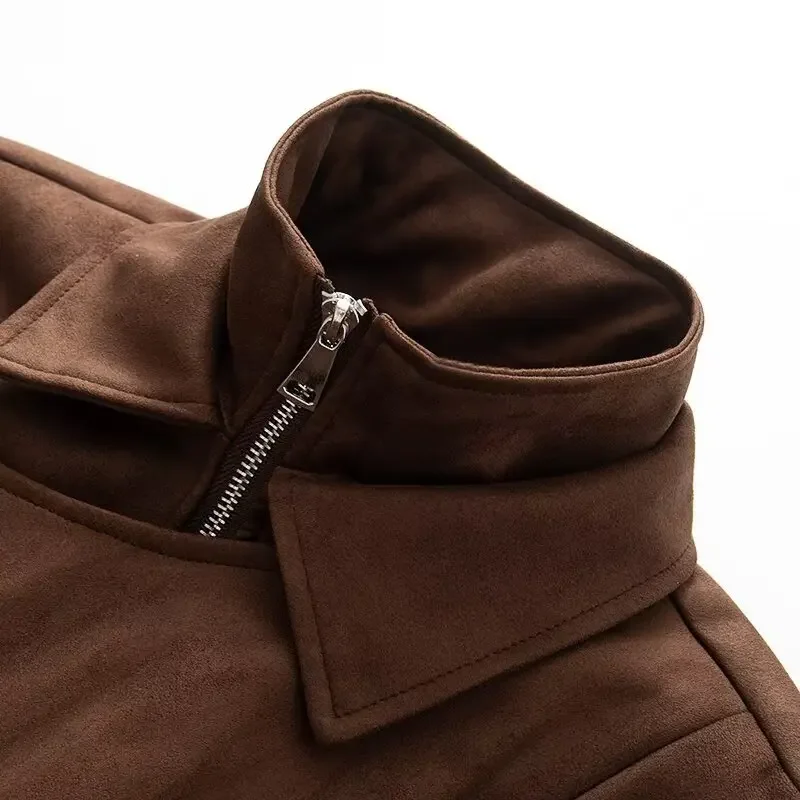 Giacca con cerniera dal design semplice e unico Spalle larghe Streetwear Autunno Casual Vintage Cappotto da donna alla moda Top in tessuto scamosciato