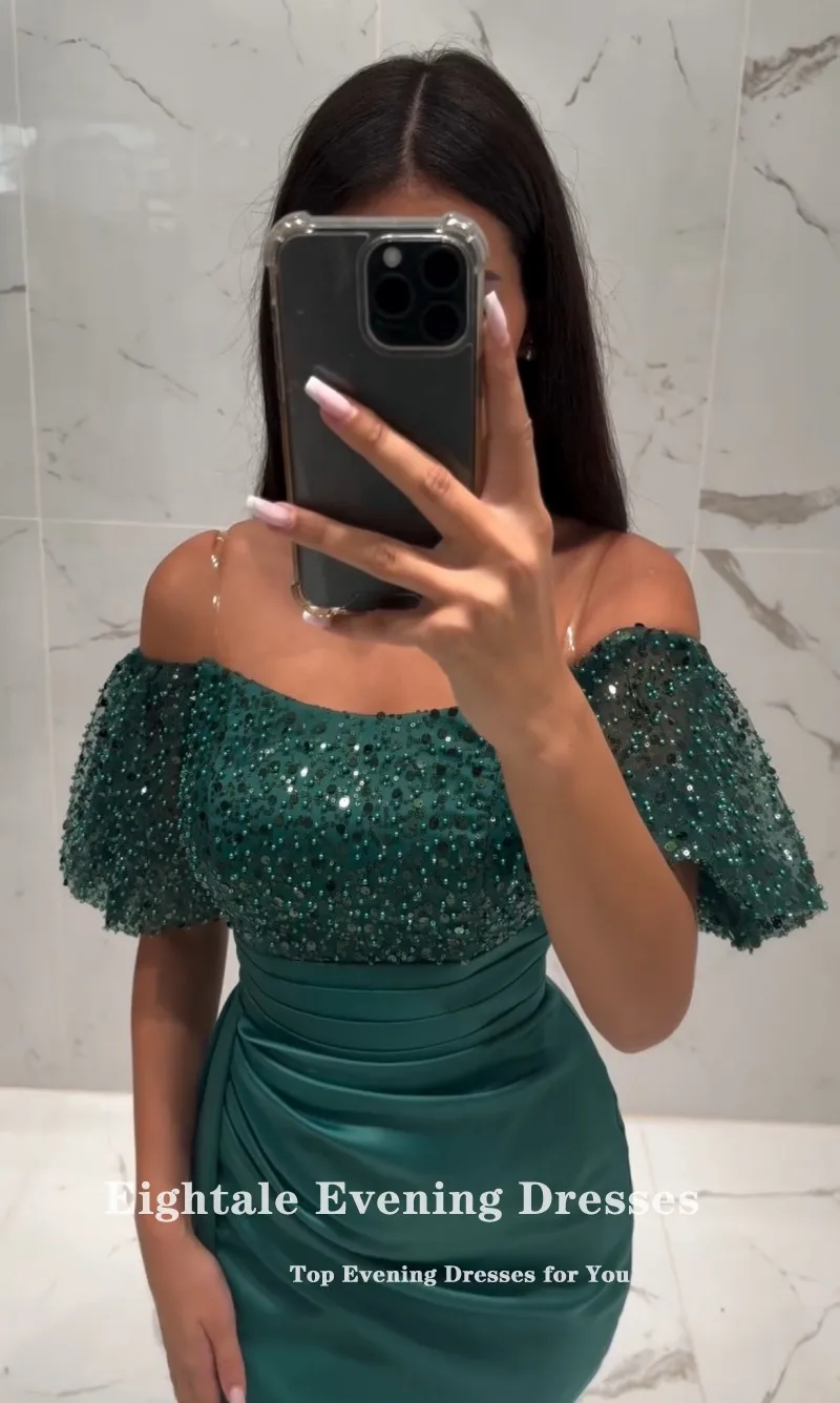 Eightale Dark Green Evening Dress Customized Short Sleeves Sequin Side Slit Formal Arabic Mermaid Wedding Party Prom Gowns Satin