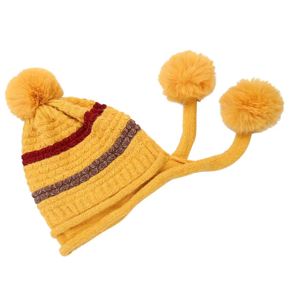 

Black Women Wool Knitted Hat Hair Ball Decor Winter Headgear Warm Ski Hat Winter Outdoor Cold Weather Knit Cap
