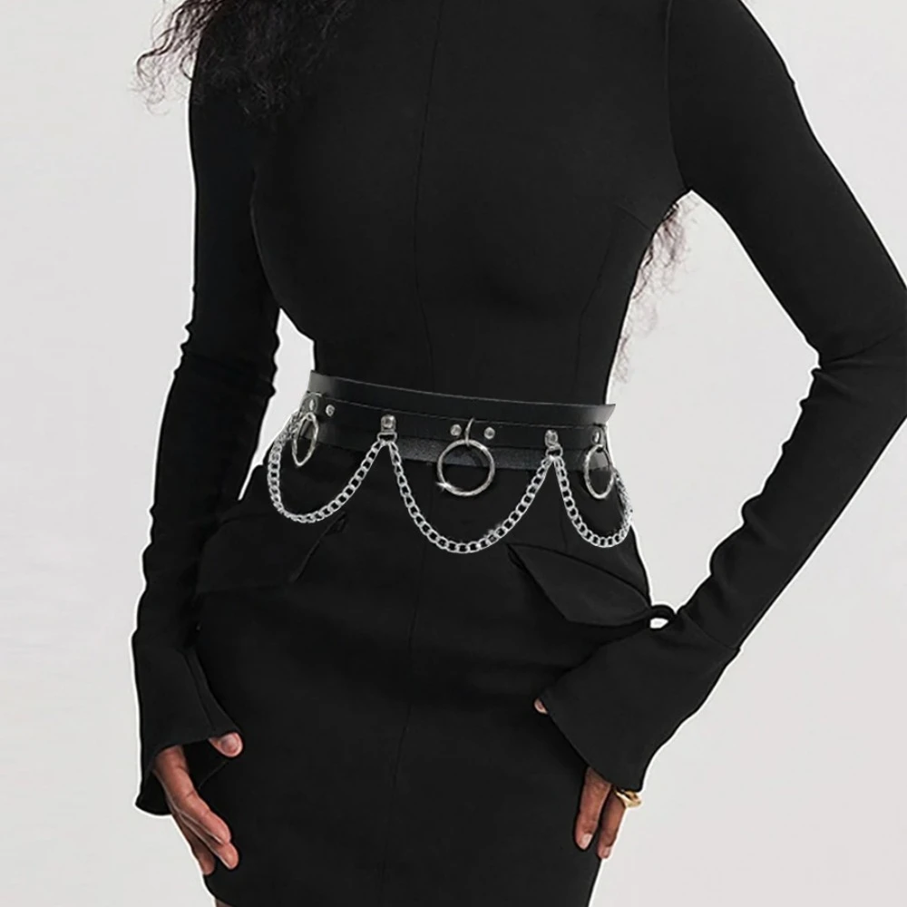 Modischer PU-Ledergürtel im Street-Style, Taillenkette mit Quasten und einem kreisförmigen Ring, Gothic Punk Rock Halloween-Kostüm – Detail 13