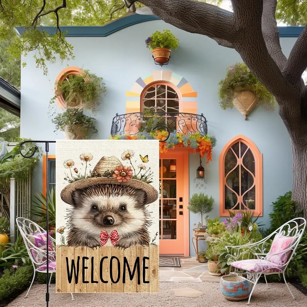 Welcome Garden Flag Polka Dots bow Double Sided Burlap Hedgehog Seasonal Wildflowers Straw hat Yard Outside Lawn Patio Sprin PPZ
