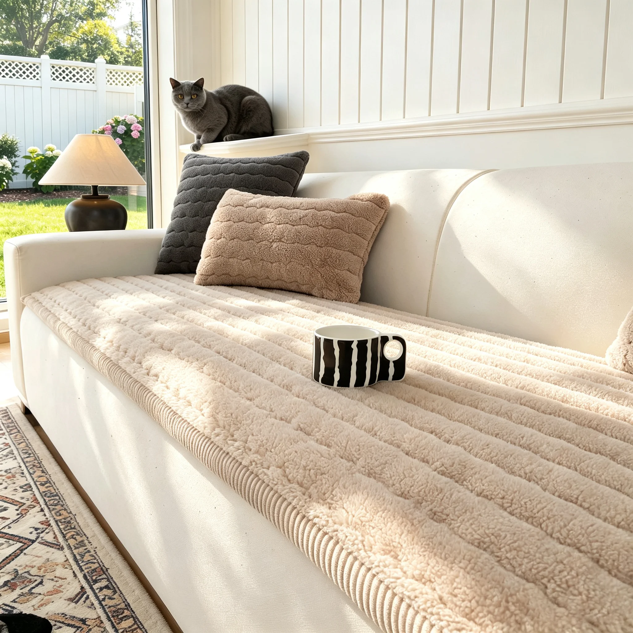 1pc light luxury simple solid color lamb velvet striped non-slip sofa cushion pet-friendly four seasons universal suitable for living room sofa