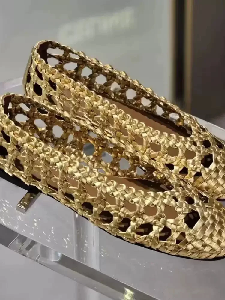 Golden Hollow Woven Square Toe Slip On Ballet Flats Luxury Metal Cutout Ladies Banquet Wedding Glam Breathable Summer Footwear