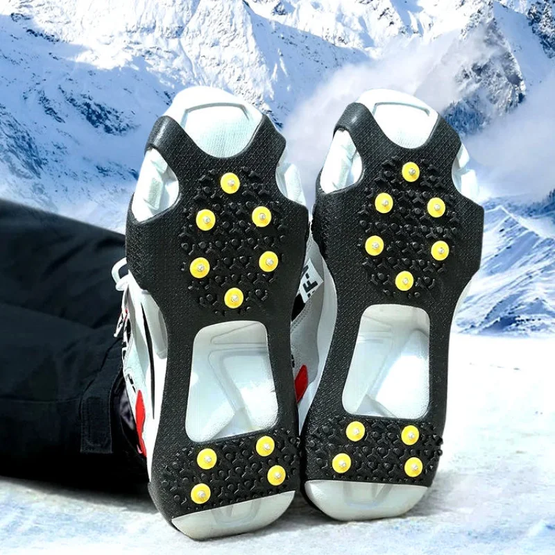 2 uds 10 tacos de acero Crampones empuñaduras de nieve tacos para hielo y nieve zapatos de goma antideslizantes con punta de tracción Montañismo al aire libre